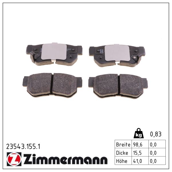 ZIMMERMANN Bremseklodser 235431551 bagaksel for HYUNDAI KIA
