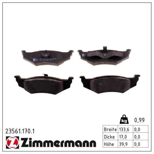 ZIMMERMANN Bremseklodser 235611701 bagaksel for CHRYSLER