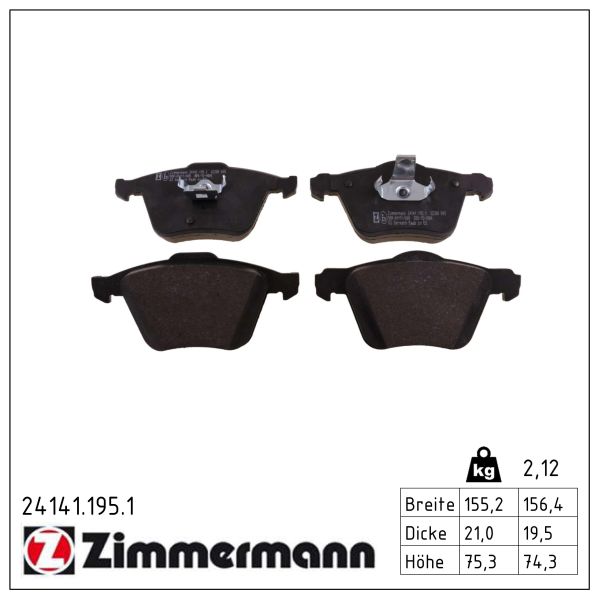 ZIMMERMANN Bremseklodser 241411951 foraksel for VOLVO VOLVO ASIA