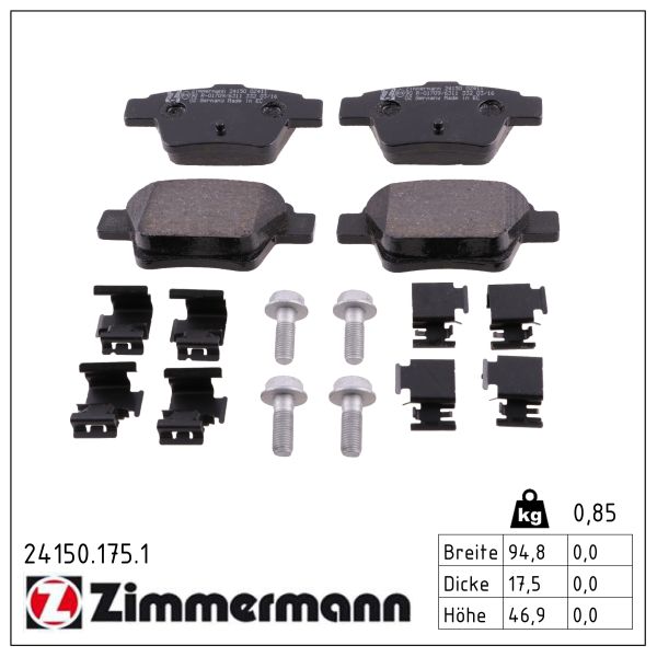 ZIMMERMANN Bremseklodser 241501751 bagaksel for CITROËN/PEUGEOT PEUGEOT CITROËN PEUGEOT (DF-PSA) CITROËN (DF-PSA) EMGRAND