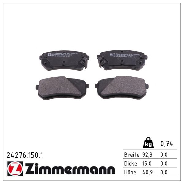 ZIMMERMANN Bremseklodser 242761501 bagaksel for HYUNDAI KIA