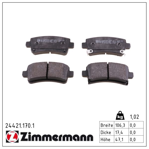 ZIMMERMANN Bremseklodser 244211701 bagaksel for OPEL VAUXHALL SAAB CHEVROLET (SGM) CADILLAC (SGM)