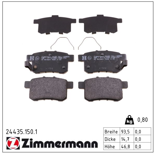ZIMMERMANN Bremseklodser 244351501 bagaksel for HONDA (GAC) HONDA