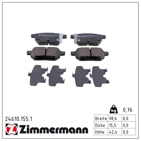ZIMMERMANN Bremseklodser 246101551 bagaksel for TOYOTA (FAW) TOYOTA