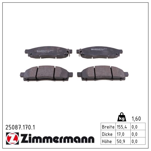 ZIMMERMANN Bremseklodser 250871701 foraksel for NISSAN