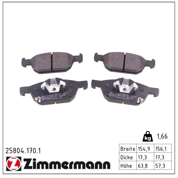 ZIMMERMANN Bremseklodser 258041701 foraksel for HONDA