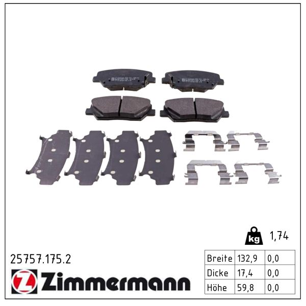ZIMMERMANN Bremseklodser 257571752 foraksel for HYUNDAI KIA