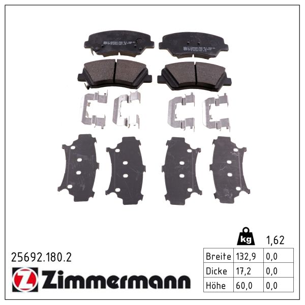 ZIMMERMANN Bremseklodser 256921802 foraksel for HYUNDAI KIA