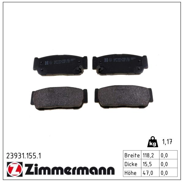 ZIMMERMANN Bremseklodser 239311551 bagaksel for SSANGYONG KIA