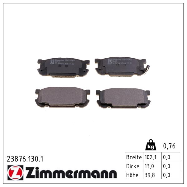 ZIMMERMANN Bremseklodser 238761301 bagaksel for MAZDA