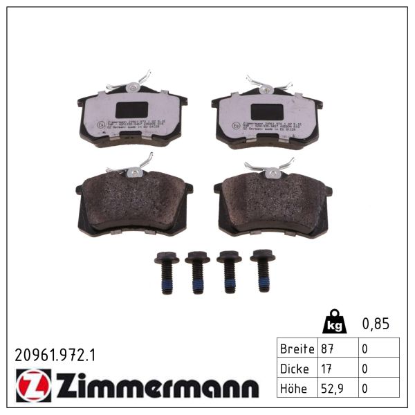 ZIMMERMANN Bremseklodser 209619721 bagaksel for CITROËN/PEUGEOT PEUGEOT (DF-PSA) FORD CHERY FIAT VAG VW (FAW) VW (SVW)