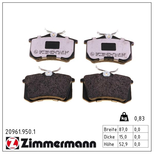 ZIMMERMANN Bremseklodser 209619501 bagaksel for CITROËN/PEUGEOT VAG AUDI AUDI (FAW) SKODA RENAULT