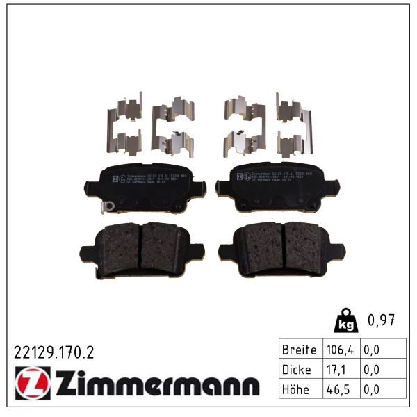 ZIMMERMANN Bremseklodser 221291702 bagaksel for CHEVROLET (SGM) OPEL CHEVROLET