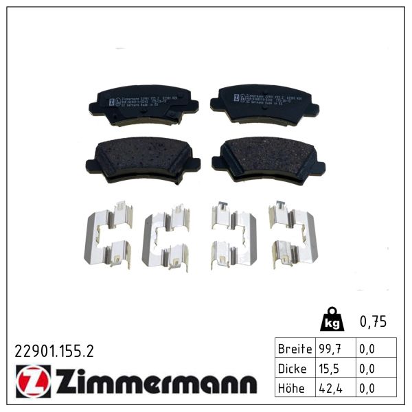 ZIMMERMANN Bremseklodser 229011552 bagaksel for KIA