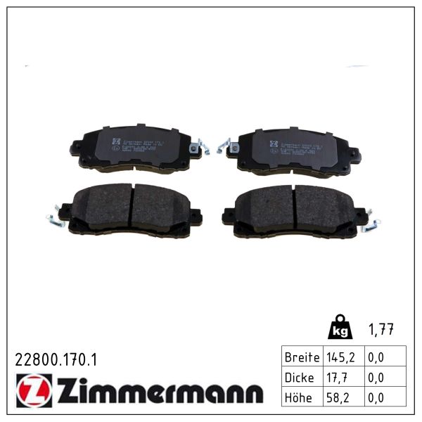 ZIMMERMANN Bremseklodser 228001701 foraksel for SUBARU