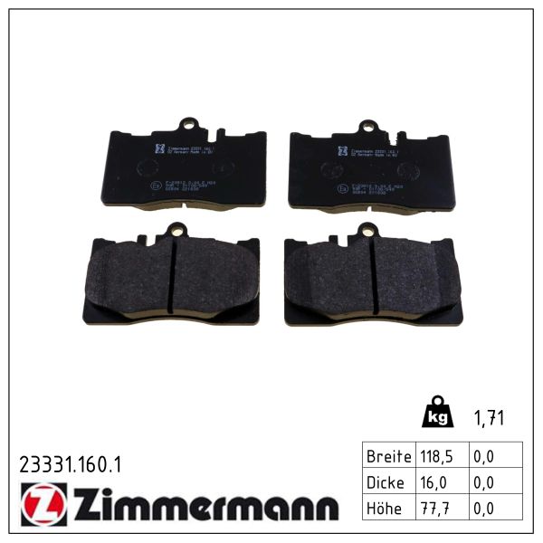 ZIMMERMANN Bremseklodser 233311601 foraksel for LEXUS