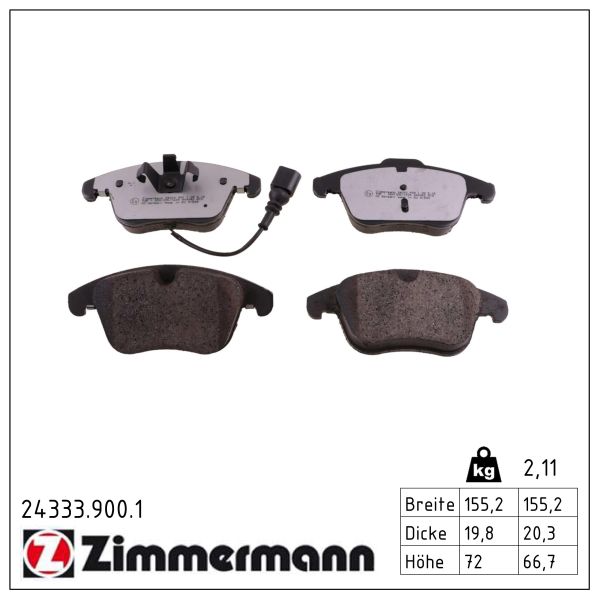 ZIMMERMANN Bremseklodser 243339001 foraksel for VAG VW AUDI (FAW)