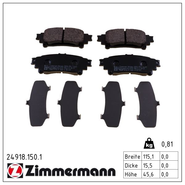ZIMMERMANN Bremseklodser 249181501 bagaksel for TOYOTA LEXUS