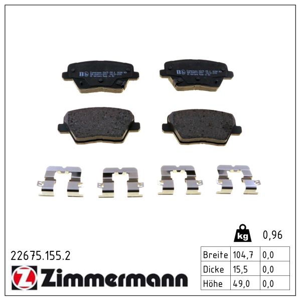 ZIMMERMANN Bremseklodser 226751552 bagaksel for KIA