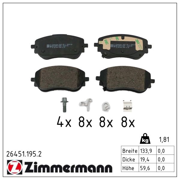 ZIMMERMANN Bremseklodser 264511952 foraksel for FIAT