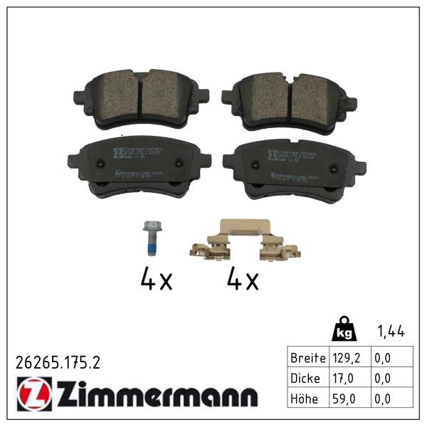 ZIMMERMANN Bremseklodser 262651752 bagaksel for VAG