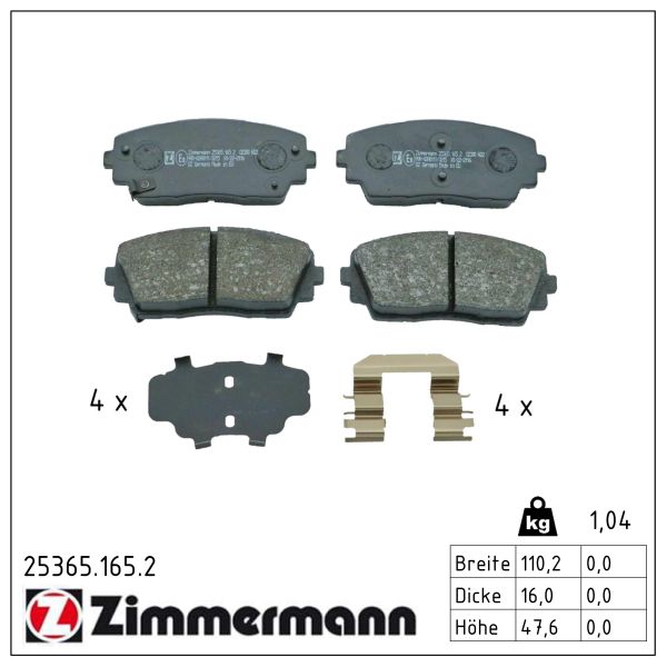 ZIMMERMANN Bremseklodser 253651652 foraksel for KIA