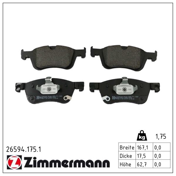 ZIMMERMANN Bremseklodser 265941751 foraksel for MERCEDES-BENZ NISSAN RENAULT