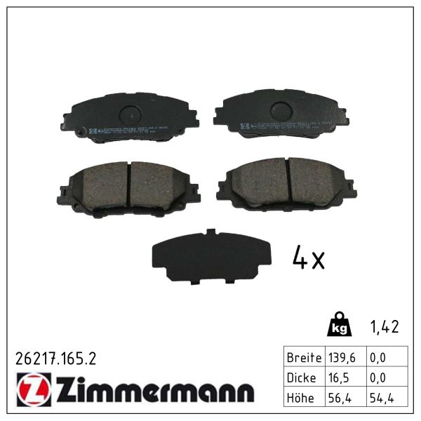 ZIMMERMANN Bremseklodser 262171652 foraksel for TOYOTA
