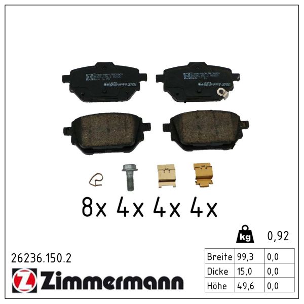 ZIMMERMANN Bremseklodser 262361502 bagaksel for TOYOTA