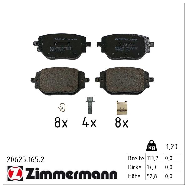 ZIMMERMANN Bremseklodser 206251652 bagaksel for FIAT CITROËN/PEUGEOT