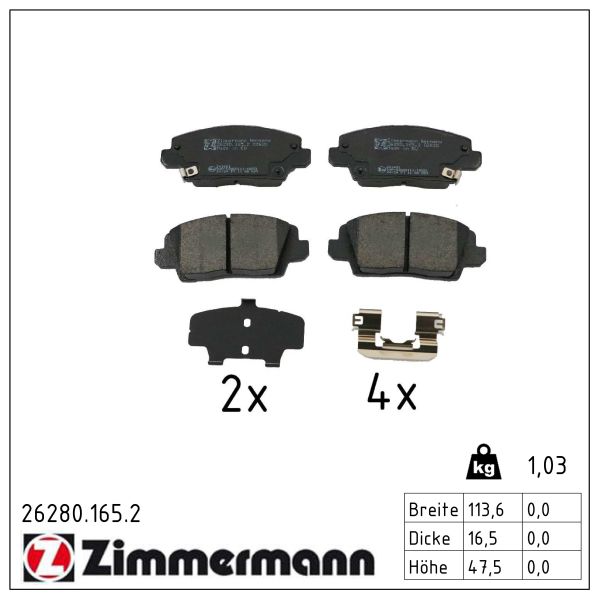 ZIMMERMANN Bremseklodser 262801652 foraksel for KIA