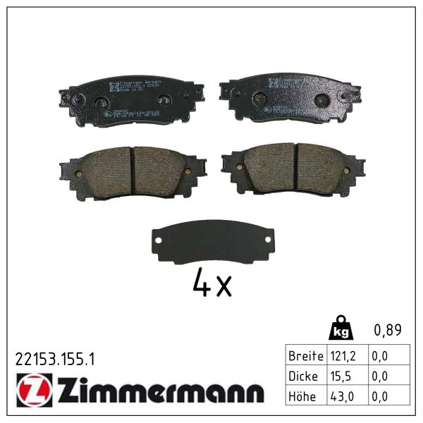 ZIMMERMANN Bremseklodser 221531551 bagaksel for TOYOTA LEXUS