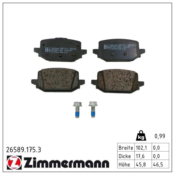 ZIMMERMANN Bremseklodser 265891753 bagaksel for RENAULT