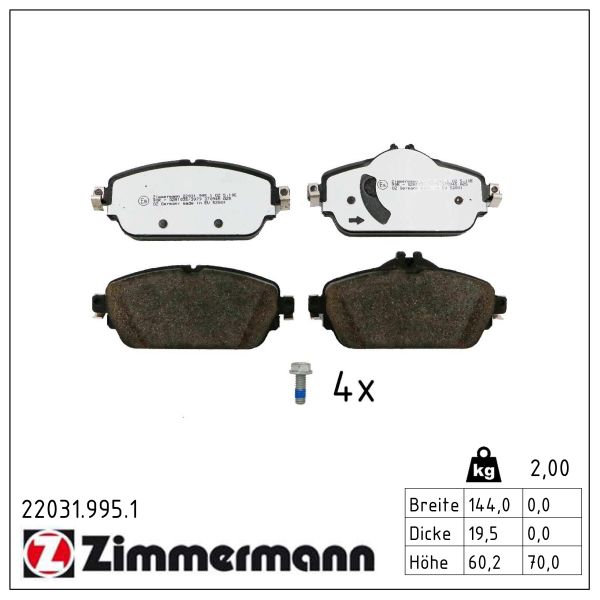 ZIMMERMANN Bremseklodser 220319951 foraksel for MERCEDES-BENZ (BBDC) MERCEDES-BENZ