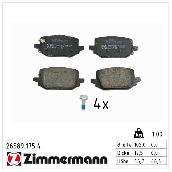 ZIMMERMANN Bremseklodser 265891754 bagaksel for RENAULT