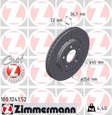 ZIMMERMANN Bremseskive 100124152 bagaksel perforeret 256mm 22mm for VW (FAW) VAG