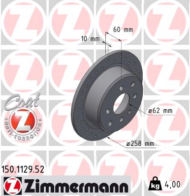 ZIMMERMANN Bremseskive 150112952 bagaksel perforeret 258mm 10mm for BMW