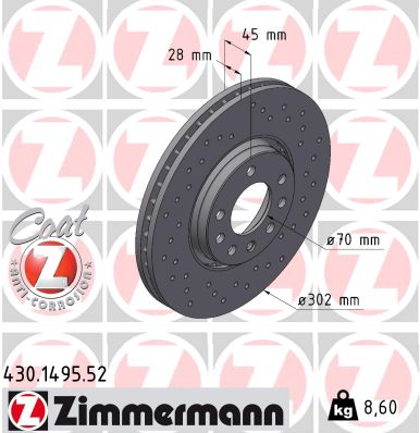 ZIMMERMANN Bremseskive 430149552 foraksel perforeret 302mm 28mm for OPEL
