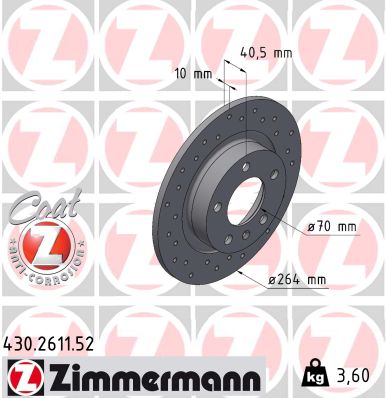 ZIMMERMANN Bremseskive 430261152 bagaksel perforeret 264mm 10mm for OPEL