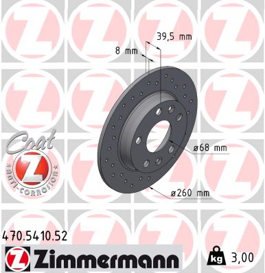 ZIMMERMANN Bremseskive 470541052 bagaksel perforeret 260mm 8mm for RENAULT