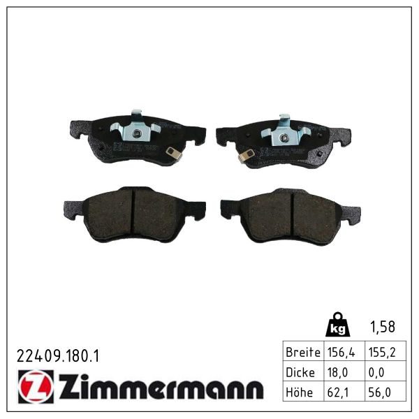 ZIMMERMANN Bremseklodser 224091801 foraksel for MG