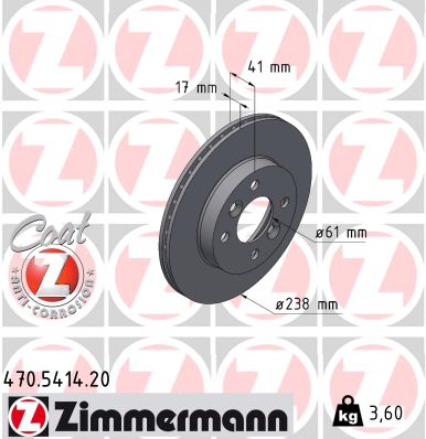 ZIMMERMANN Bremseskive 470541420 foraksel indvendig ventileret 238mm 17mm for DACIA