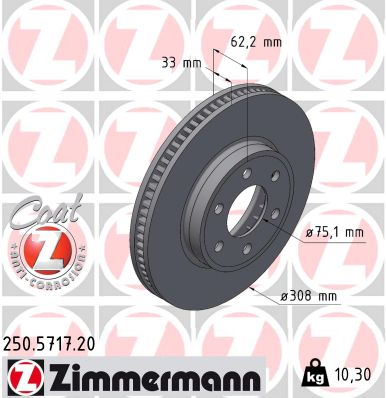 ZIMMERMANN Bremseskive 250571720 foraksel indvendig ventileret 308mm 33mm for FORD VAG