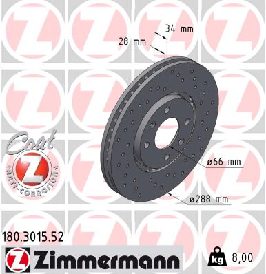 ZIMMERMANN Bremseskive 180301552 foraksel perforeret 288mm 28mm for CITROËN/PEUGEOT